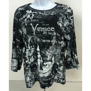 Allison Lane Top Women Size XL Black White Venice Round Neck 3/4 Sleeves